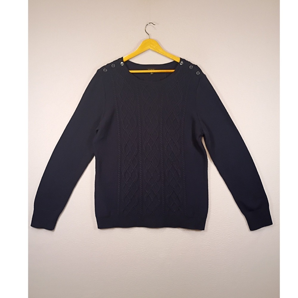 Classic Nautical Talbots Womens XL Navy Blue Cable Knit Shoulder Button Sweater